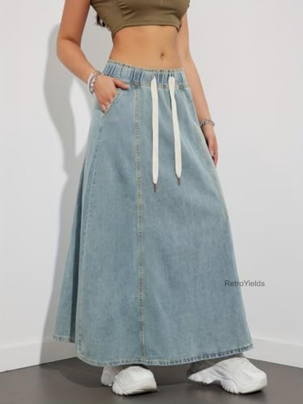 High Rise Flare Maxi Denim Skirt with Pockets, Elastic Waist, Bohemian Style - Picture 2 of 7